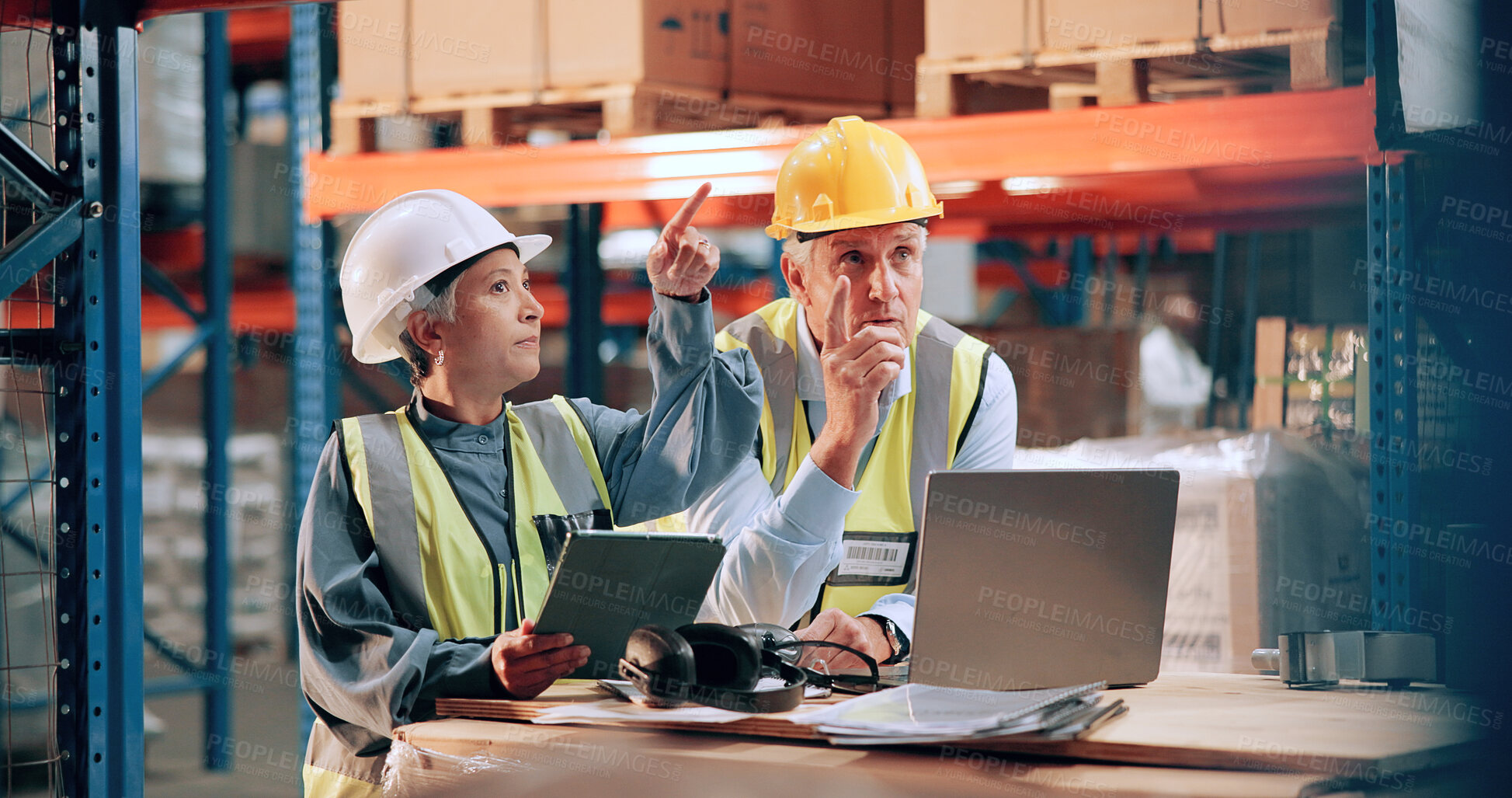 Buy stock photo Distribution, people and pointing in warehouse, laptop and inventory management with quality control. Employees, supply chain and meeting with stock, industry or tablet with conversation and teamwork