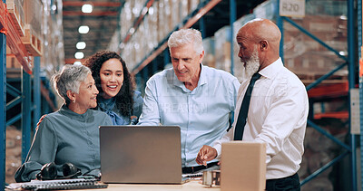 Buy stock photo Export, people and teamwork with laptop, supply chain and online schedule for shipping. Employees, distribution and meeting with discussion, stock or tablet for email, cooperation and check inventory