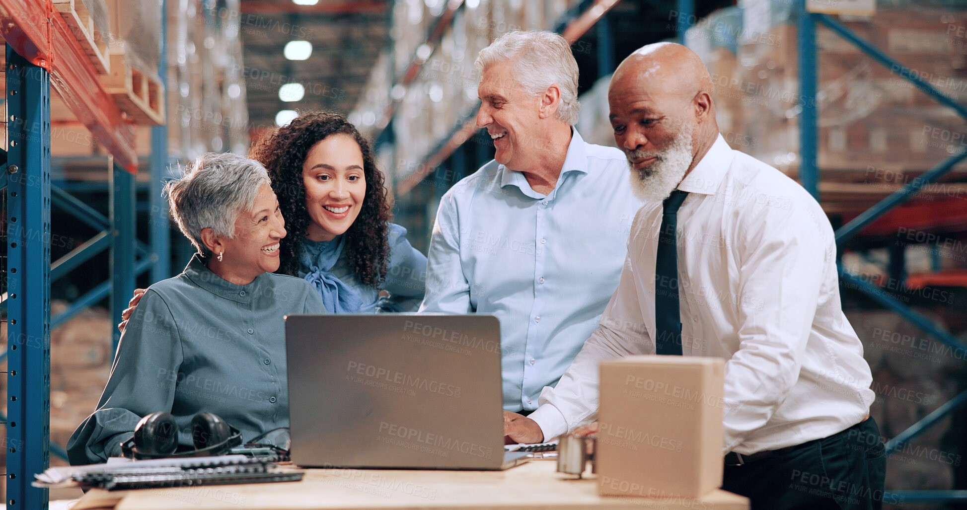 Buy stock photo Supply chain, people and teamwork in warehouse, laptop and online schedule with cooperation. Employees, connection and meeting with internet, stock or distribution for email, industry and inventory