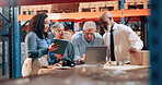 Distribution, people and cooperation with laptop, internet and online schedule for stock inventory. Employees, logistics and meeting with teamwork, tablet and checklist for supply chain and export