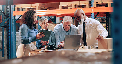 Buy stock photo Distribution, people and cooperation with laptop, internet and online schedule for stock inventory. Employees, logistics and meeting with teamwork, tablet and checklist for supply chain and export
