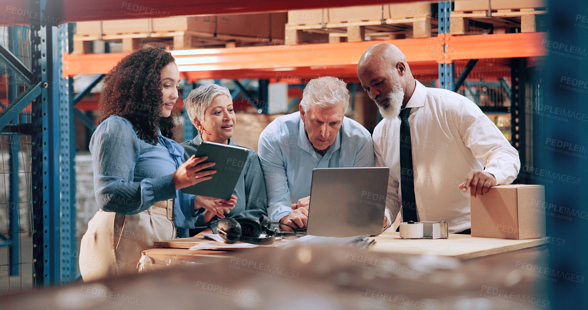 Buy stock photo Distribution, people and cooperation with laptop, internet and online schedule for stock inventory. Employees, logistics and meeting with teamwork, tablet and checklist for supply chain and export
