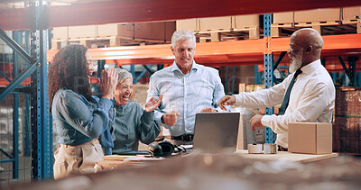 Buy stock photo Distribution, people and celebration in warehouse, laptop and cooperation with achievement. Group, success and employees with pc, profit growth or B2B deal for product export, smile or delivery goals