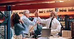 Team, excited and high five in warehouse for logistics, business and feedback on laptop. People, tech or happy in storage for supply chain win, new export agreement and sales record for distribution