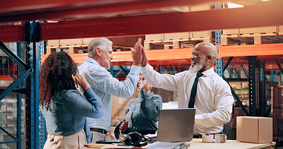 Buy stock photo Team, excited and high five in warehouse for logistics, business and feedback on laptop. People, tech or happy in storage for supply chain win, new export agreement and sales record for distribution