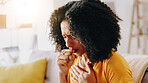 Home, sick and woman with chest pain, cough and virus with asthma, allergy and influenza in lounge. Apartment, illness and person on couch, viral infection and disease with sinus, covid and fever