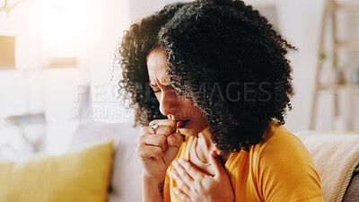 Buy stock photo Home, sick and woman with chest pain, cough and virus with asthma, allergy and influenza in lounge. Apartment, illness and person on couch, viral infection and disease with sinus, covid and fever