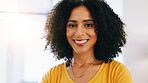 Happy, confident and portrait of woman in new home for calm, peace and break on weekend with relax. Smile, morning and face of female person from Colombia with pride for ownership at apartment.