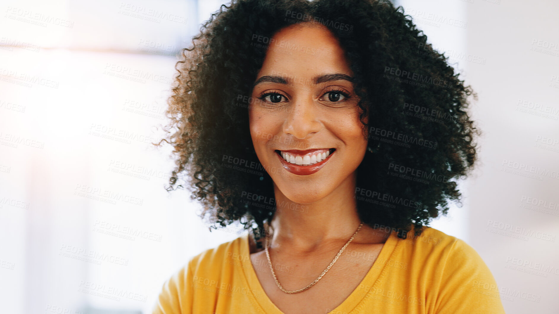 Buy stock photo Happy, confident and portrait of woman in new home for calm, peace and break on weekend with relax. Smile, morning and face of female person from Colombia with pride for ownership at apartment.