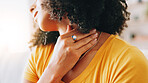 Home, neck pain and woman with hand, tired and sore with joint injury, inflammation and fatigue. Apartment, exhausted and person with muscle tension, closeup and bruise with osteoporosis or body ache