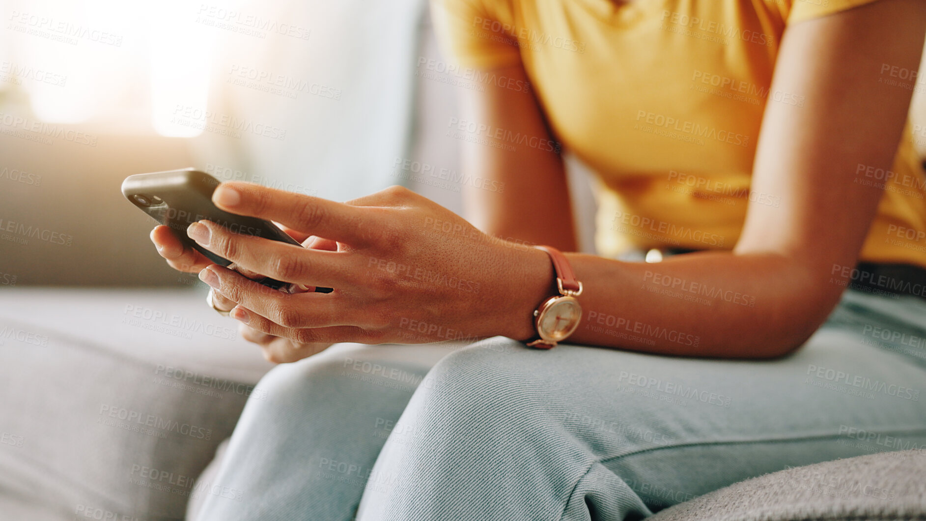 Buy stock photo Typing, sofa and hands of woman with phone for connection, social media and networking. Living room, home and person on smartphone for website search, internet and communication for online chat
