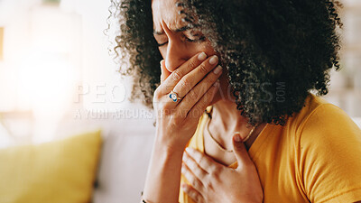 Buy stock photo Home, virus and woman with chest pain, cough and sore throat with asthma, fever or influenza in living room. Apartment, illness or person on sofa, viral infection or disease with sinus, covid or sick