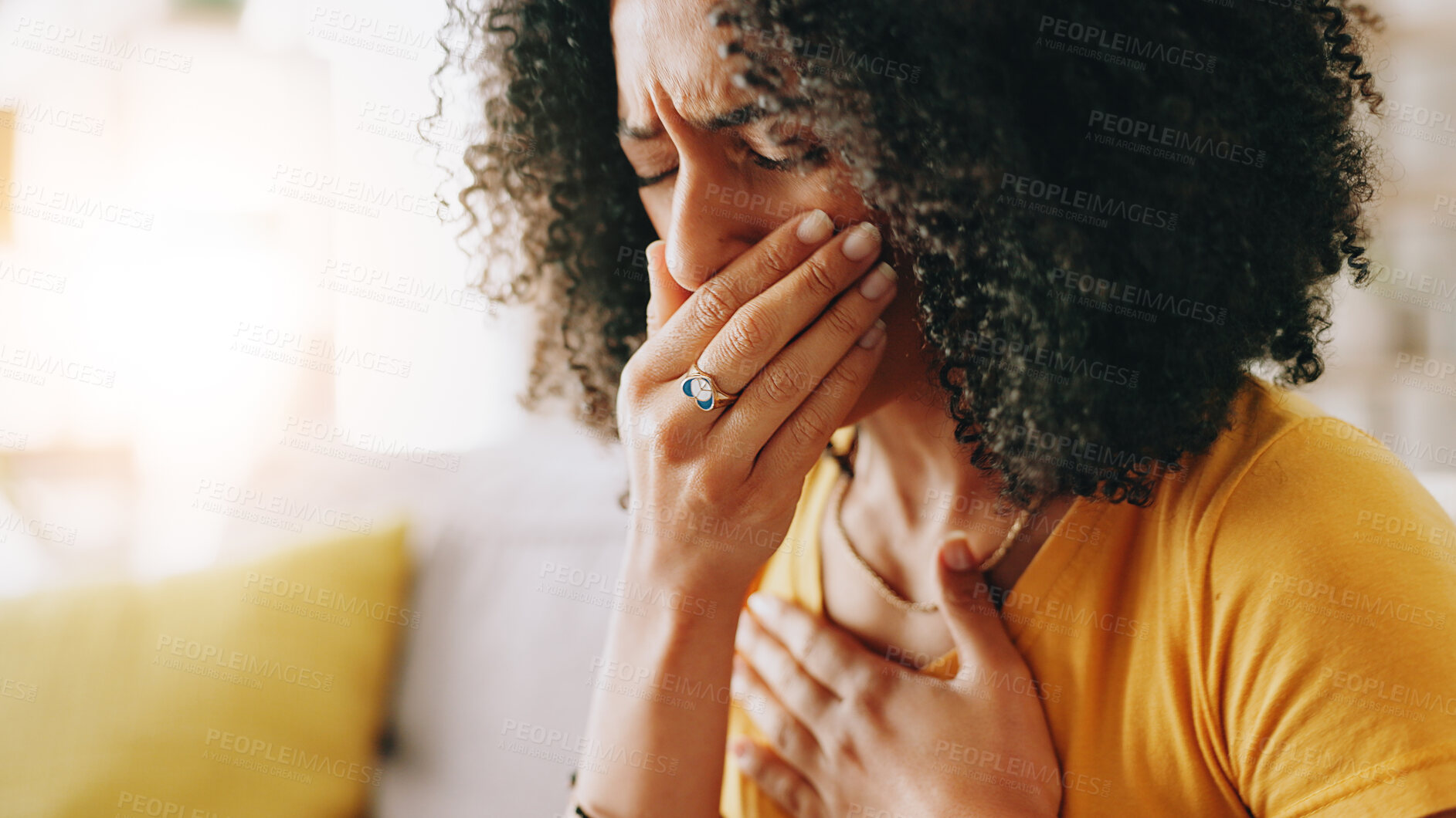 Buy stock photo Home, virus and woman with chest pain, cough and sore throat with asthma, fever or influenza in living room. Apartment, illness or person on sofa, viral infection or disease with sinus, covid or sick