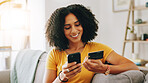 Credit card, phone and woman on sofa for online shopping, web store sale and purchase. Home, bank info and happy person on smartphone for internet payment, digital order and ecommerce in living room