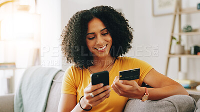 Buy stock photo Credit card, phone and woman on sofa for online shopping, web store sale and purchase. Home, bank info and happy person on smartphone for internet payment, digital order and ecommerce in living room