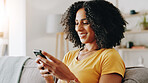 Typing, happy and woman with phone on sofa for connection, social media and networking. Living room, weekend and person on smartphone for website search, internet and communication for online chat