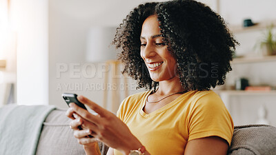Buy stock photo Typing, happy and woman with phone on sofa for connection, social media and networking. Living room, weekend and person on smartphone for website search, internet and communication for online chat