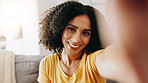 Sofa, woman and portrait with smile for selfie, capture moment and profile picture for post at home. House, female person and happy with photography for social media, memory and relax in living room