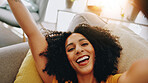 Happy woman, portrait and relax with selfie on sofa for picture, photography or memory at home. Face, female person or user with smile, emoji or capture for fun moment, holiday or weekend at house