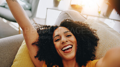 Buy stock photo Happy woman, portrait and relax with selfie on sofa for picture, photography or memory at home. Face, female person or user with smile, emoji or capture for fun moment, holiday or weekend at house