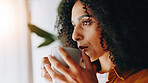 Home, thinking and woman with coffee, window and calm with morning, break and contemplate. Apartment, herbal tea and person in lounge, cappuccino and thoughtful with wonder, decision and daydreaming