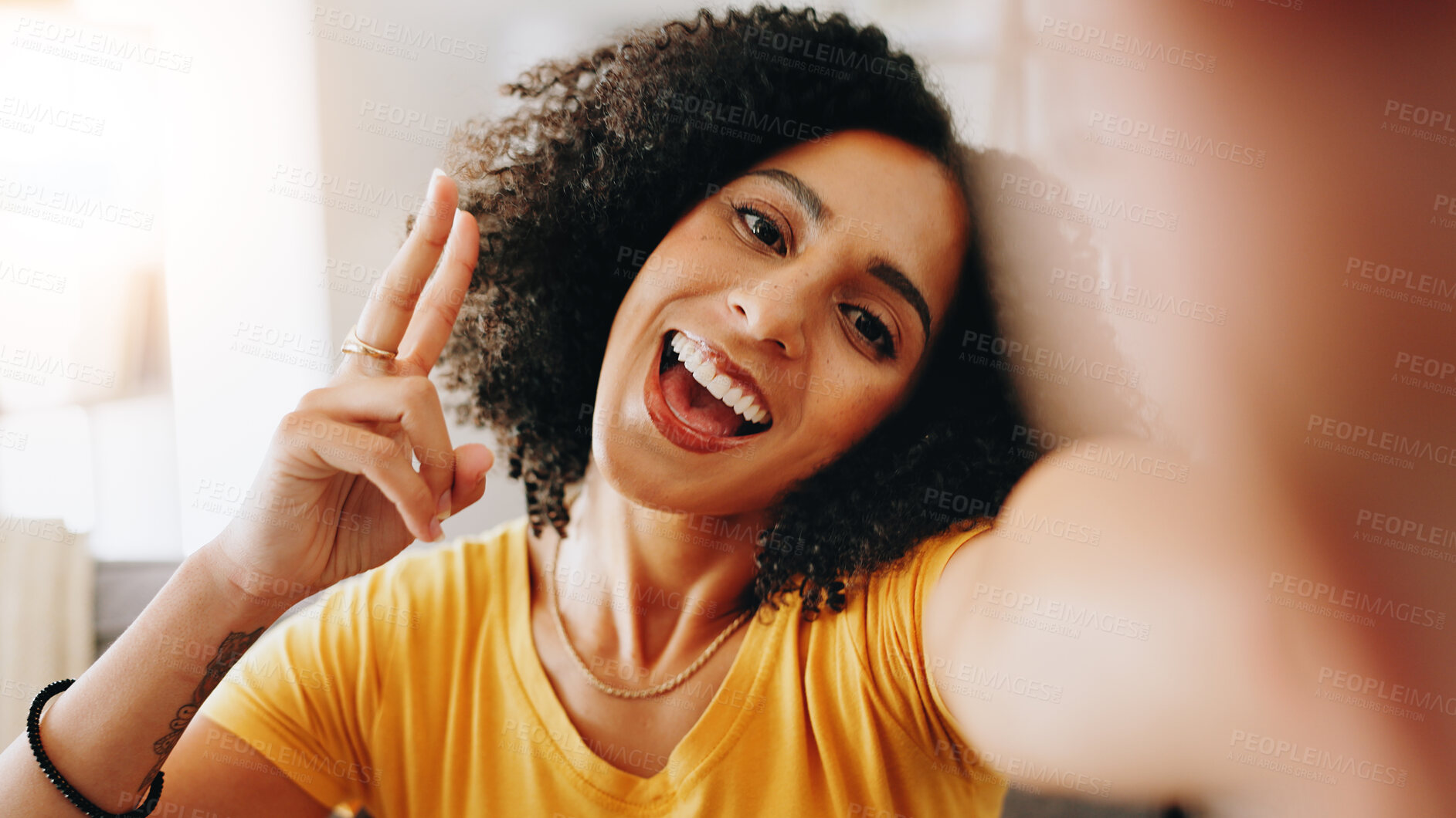 Buy stock photo Happy woman, portrait and peace sign with selfie for picture, photography or memory at home. Face, female person or user with smile, emoji or capture for fun moment, post or social media at house