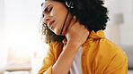 Woman, remote work and neck pain with headset, burnout and massage muscle in home. Virtual assistant, African person and injury in agency with bad posture, frustrated and overworked consultant