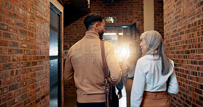 Buy stock photo Walking, back and teamwork with business people in office for partnership, discussion and support. Advice, communication and feedback with employees in agency for coworking and commitment together