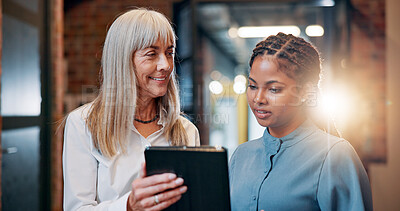 Buy stock photo Tablet, teamwork and research with business people in office for advice, partnership and design consultant. Client briefing, project feedback and collaboration with women in creative agency for plan