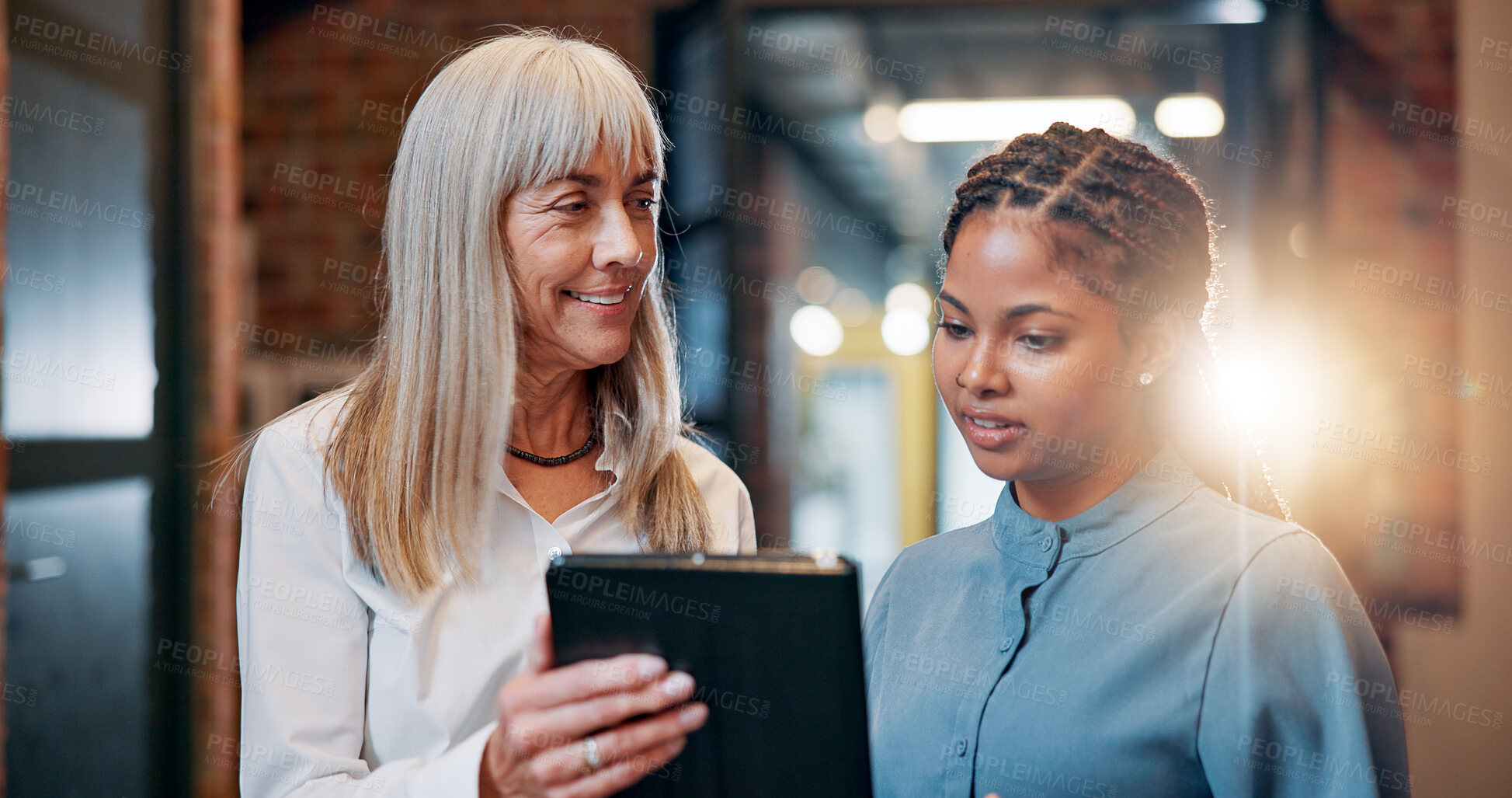 Buy stock photo Tablet, teamwork and research with business people in office for advice, partnership and design consultant. Client briefing, project feedback and collaboration with women in creative agency for plan