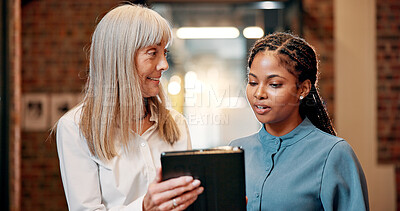 Buy stock photo Tablet, teamwork and planning with business people in office for advice, partnership and design consultant. Client brief, project feedback and collaboration with women in creative agency for research