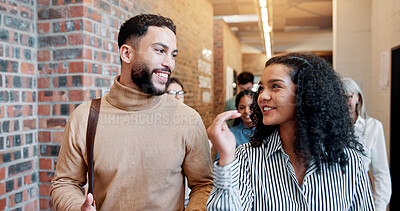 Buy stock photo Walking, smile and teamwork with business people in office for partnership, discussion and support. Advice, communication and feedback with employees in agency for coworking and commitment together