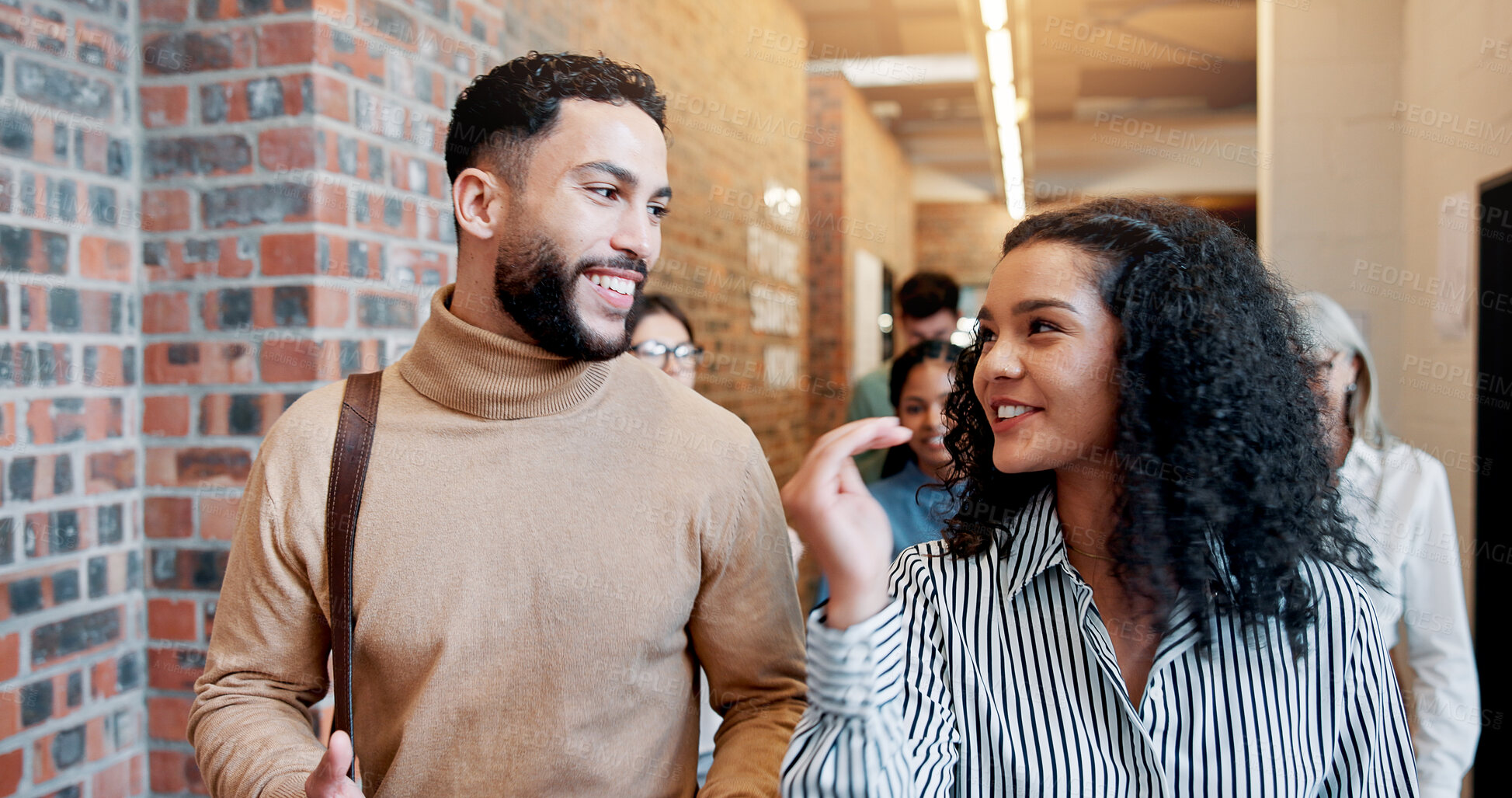 Buy stock photo Walking, smile and teamwork with business people in office for partnership, discussion and support. Advice, communication and feedback with employees in agency for coworking and commitment together