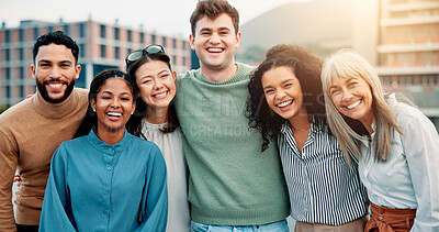 Buy stock photo Hug, portrait and rooftop with business people in city together for collaboration, unity or solidarity. Creative, friends and smile of employee group embracing outdoor in urban town for design career