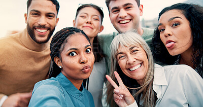 Buy stock photo Funny face, peace sign and selfie of business people in city together for collaboration, unity or solidarity. Creative, friends and social media with employee group outdoor for profile picture