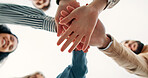 Hands, stack and business people with teamwork below, support or collaboration for goal. Community, group and workers with motivation for synergy, trust or closeup for solidarity on white background