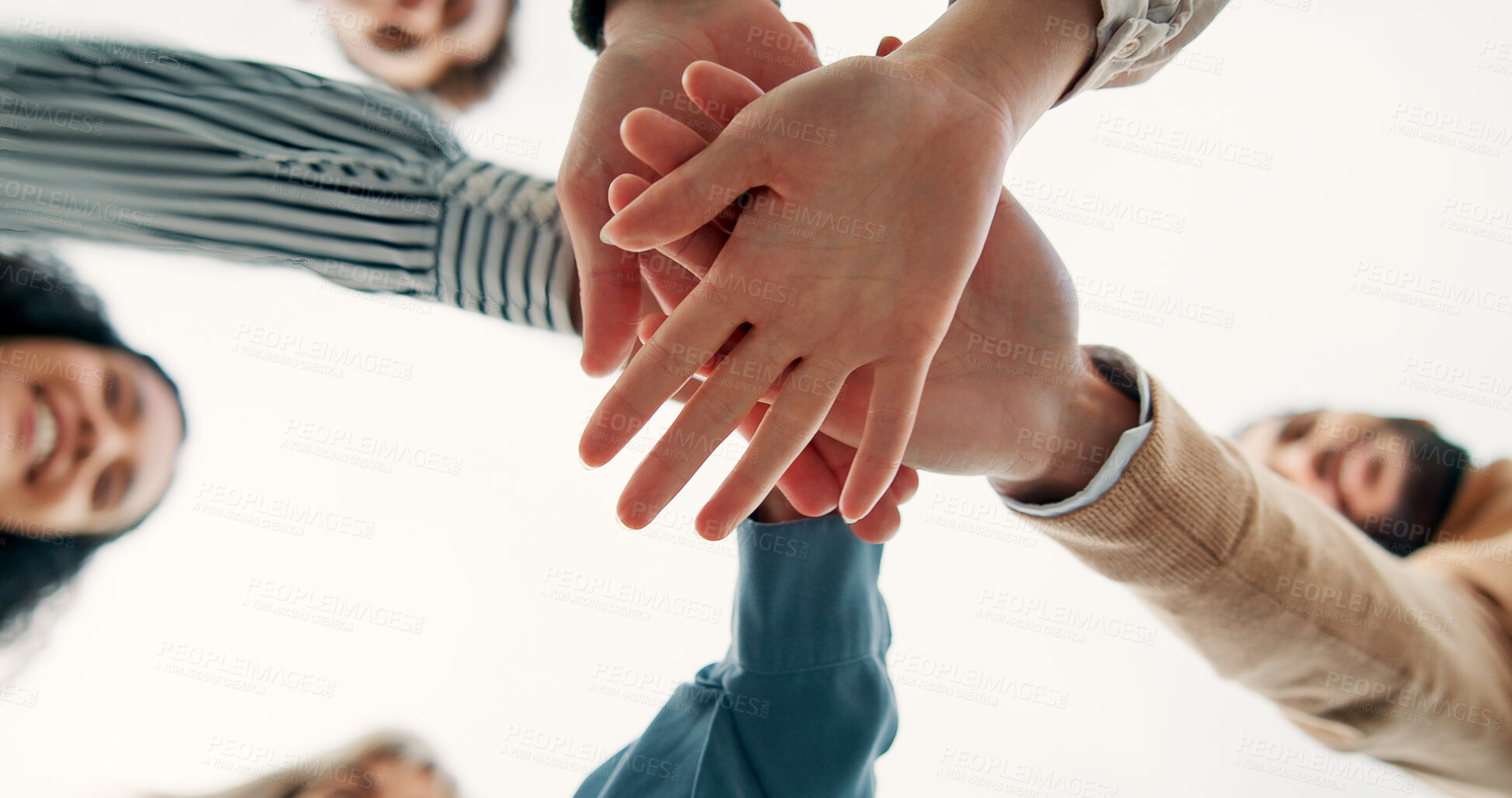 Buy stock photo Hands, stack and business people with teamwork below, support or collaboration for goal. Community, group and workers with motivation for synergy, trust or closeup for solidarity in meeting.