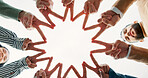 Star, hands and business people with teamwork, support and collaboration below. Community, group and workers with motivation for cooperation, synergy and closeup with peace sign on white background