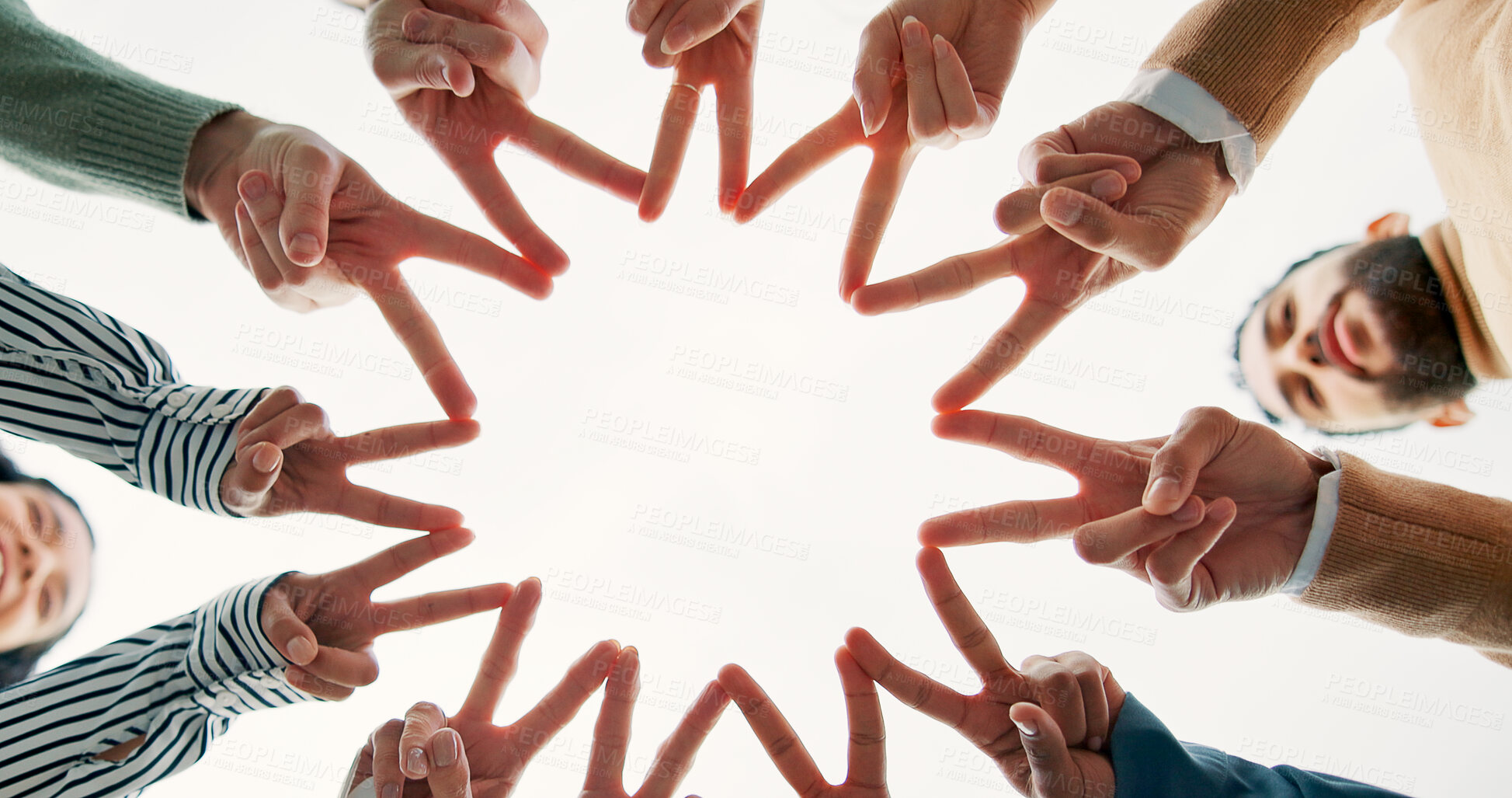 Buy stock photo Star, hands and business people with teamwork, support or collaboration below. Community, group or workers with motivation for cooperation, synergy or closeup with peace sign for solidarity or trust