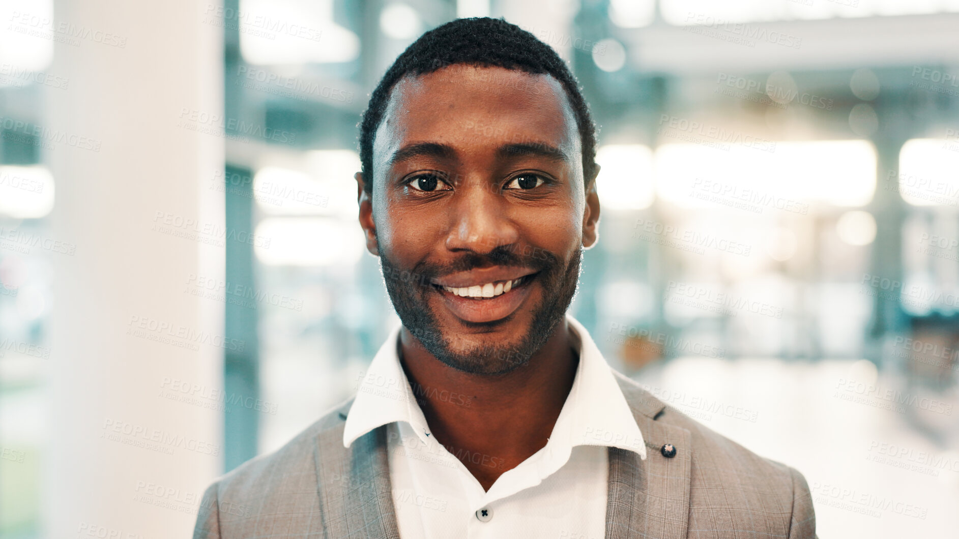 Buy stock photo Portrait, business and black man with smile in office for bookkeeping, about us and accountant. Happy, person and company consultant with financial experience, career ambition and asset management