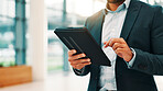 Business, hands and tablet with man in office for app, planning or social media browsing. Internet, search and website with employee person scrolling on device for information, research or update