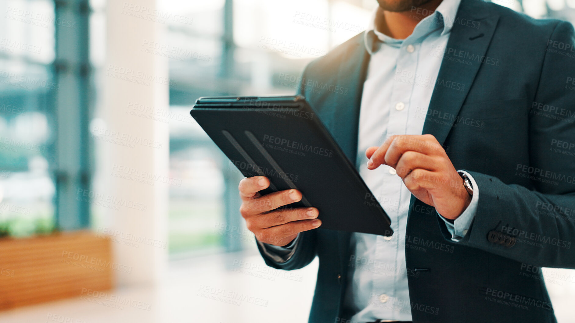Buy stock photo Business, hands and tablet with man in office for app, planning or social media browsing. Internet, search and website with employee person scrolling on device for information, research or update