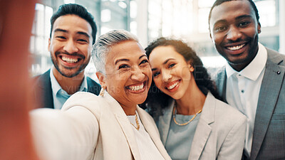 Buy stock photo Business, people and selfie portrait with smile for financial expo, corporate memory and social media post. Professional, employees and happy with photography at global conference for profile picture