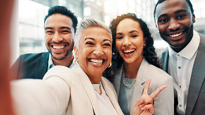 Buy stock photo Business, people and selfie portrait with peace sign for financial convention, corporate memory and team pride. Professional, employees and happy with photography at expo for profile picture update