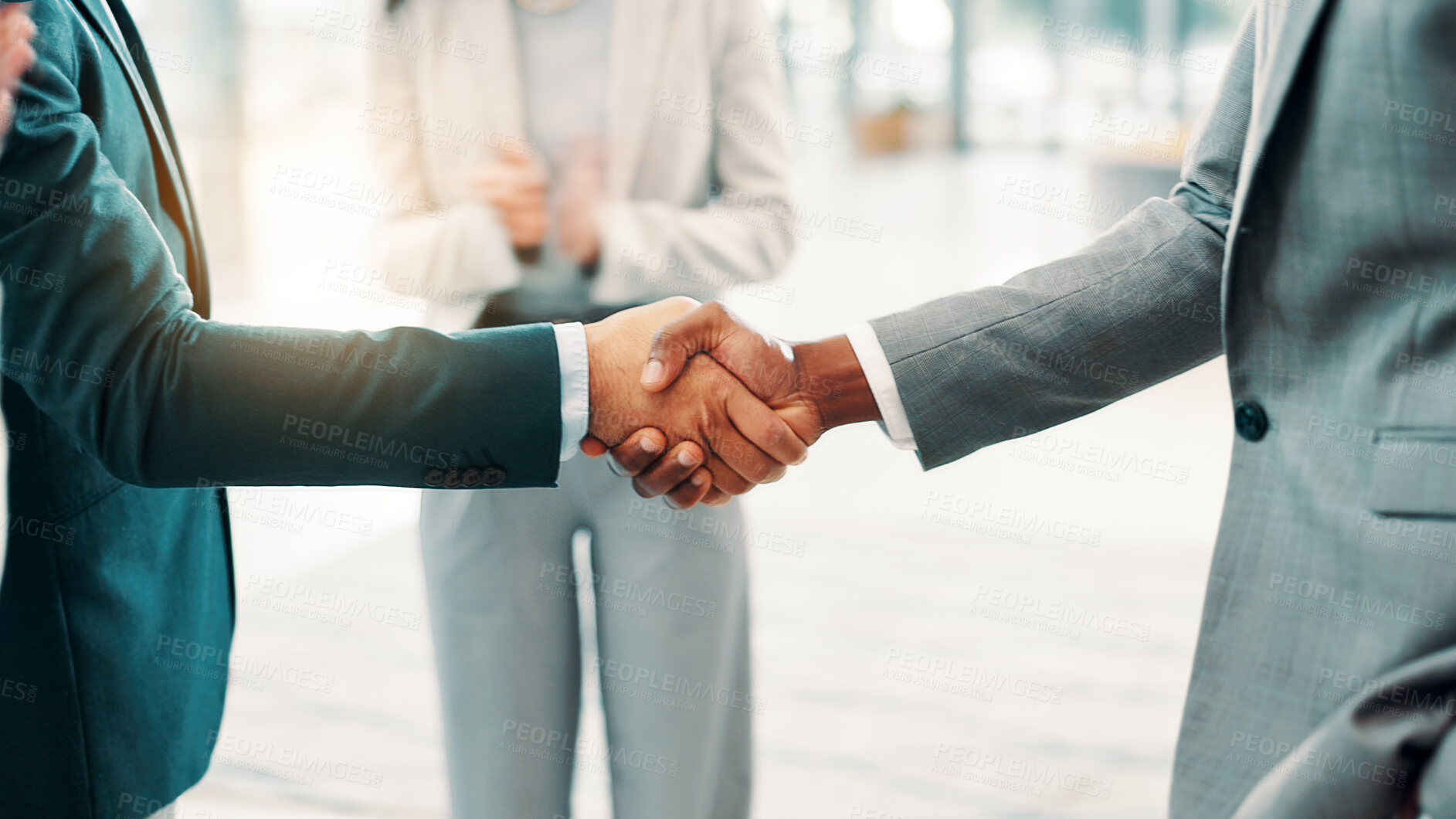 Buy stock photo Shaking hands, business people with deal or agreement, trust or support with team mission in office. Partnership, collaboration or success with achievement, handshake for solidarity and applause