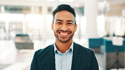 Buy stock photo Portrait, business and man with smile in lobby for bookkeeping, about us and accounting job. Happy, male person and company consultant with financial experience, career ambition and asset management