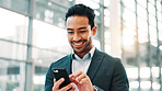 Lobby, happy and business man with phone in office for communication, connection and social media. Professional, corporate and person on smartphone for contact, online website and b2b networking