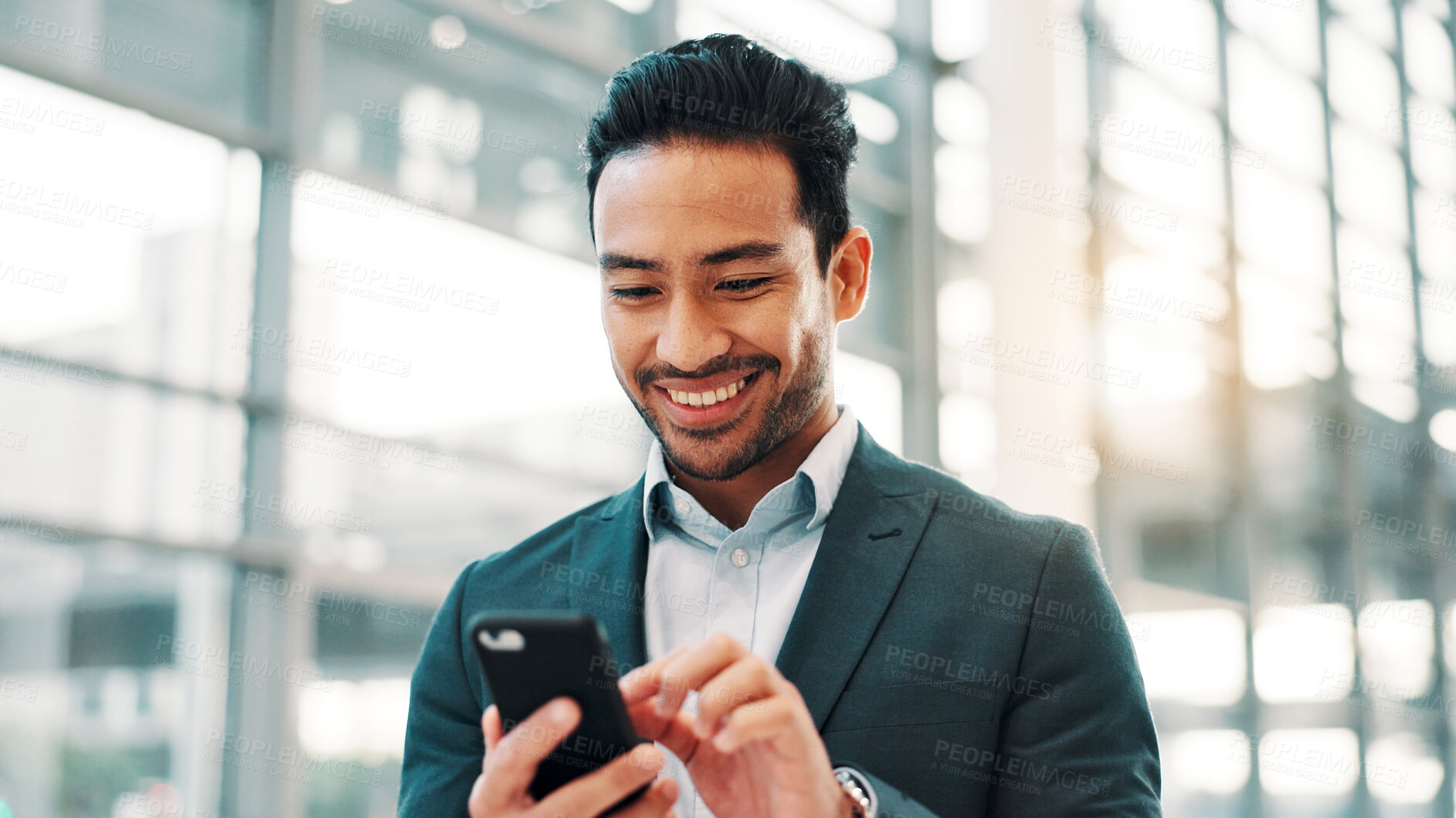 Buy stock photo Lobby, happy and business man with phone in office for communication, connection and social media. Professional, corporate and person on smartphone for contact, online website and B2B networking