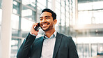 Smile, business and man with phone call at airport for discussion, flight schedule and corporate travel. Mature person, mobile and communication with contact, booking update and global opportunity