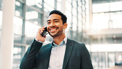 Buy stock photo Smile, business and man with phone call at airport for discussion, flight schedule and corporate travel. Mature person, mobile and communication with contact, booking update and global opportunity